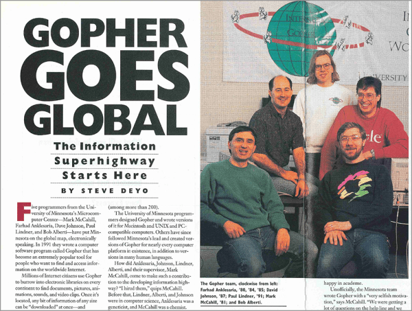 A 1994 University of Minnesota alumni magazine spread featuring the Gopher protocol architects.